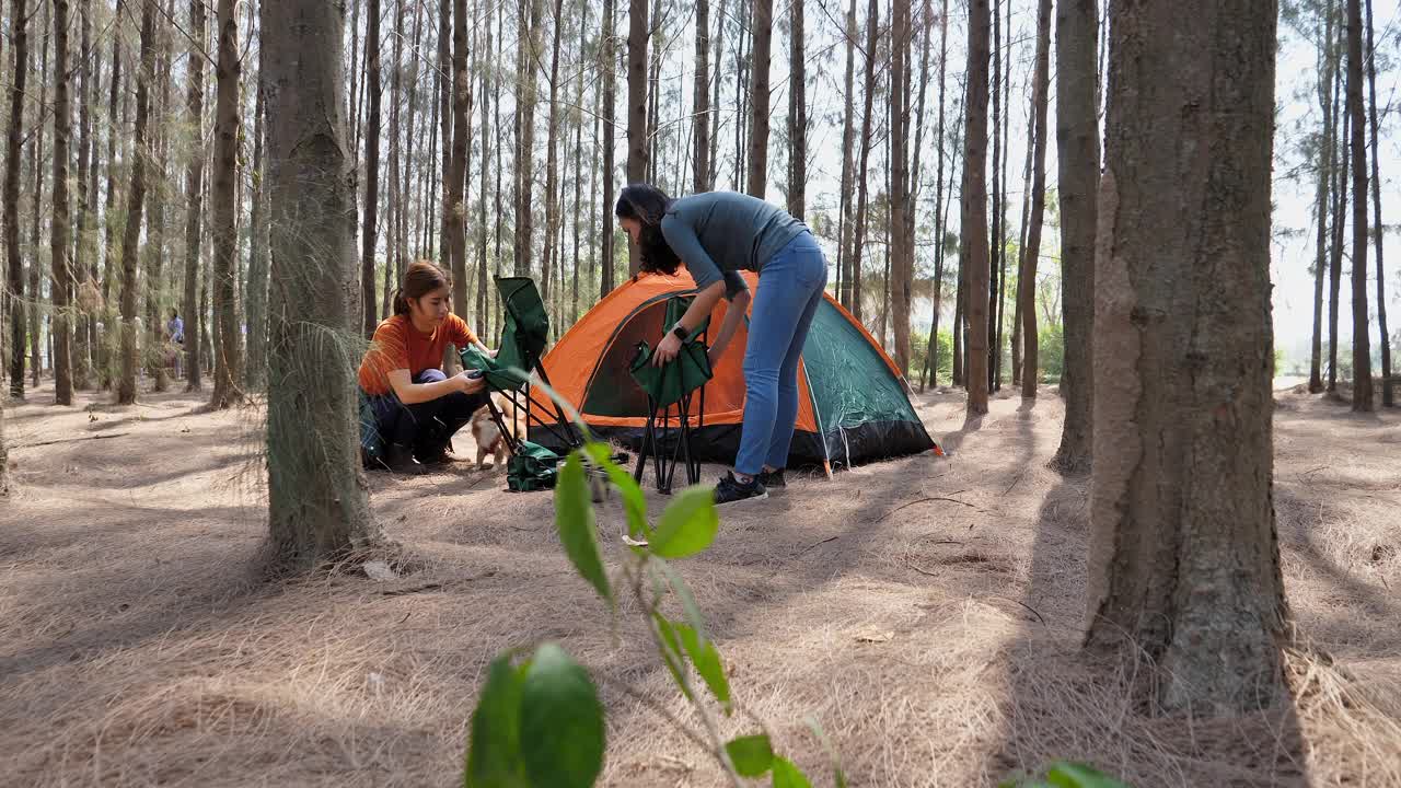 一群年轻的亚洲女孩露营，旅行和友谊的概念视频素材