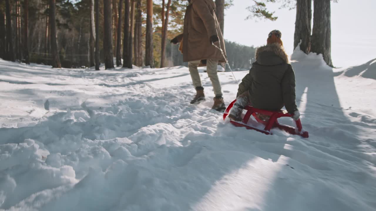 快乐的爸爸拉着女孩滑雪橇视频素材