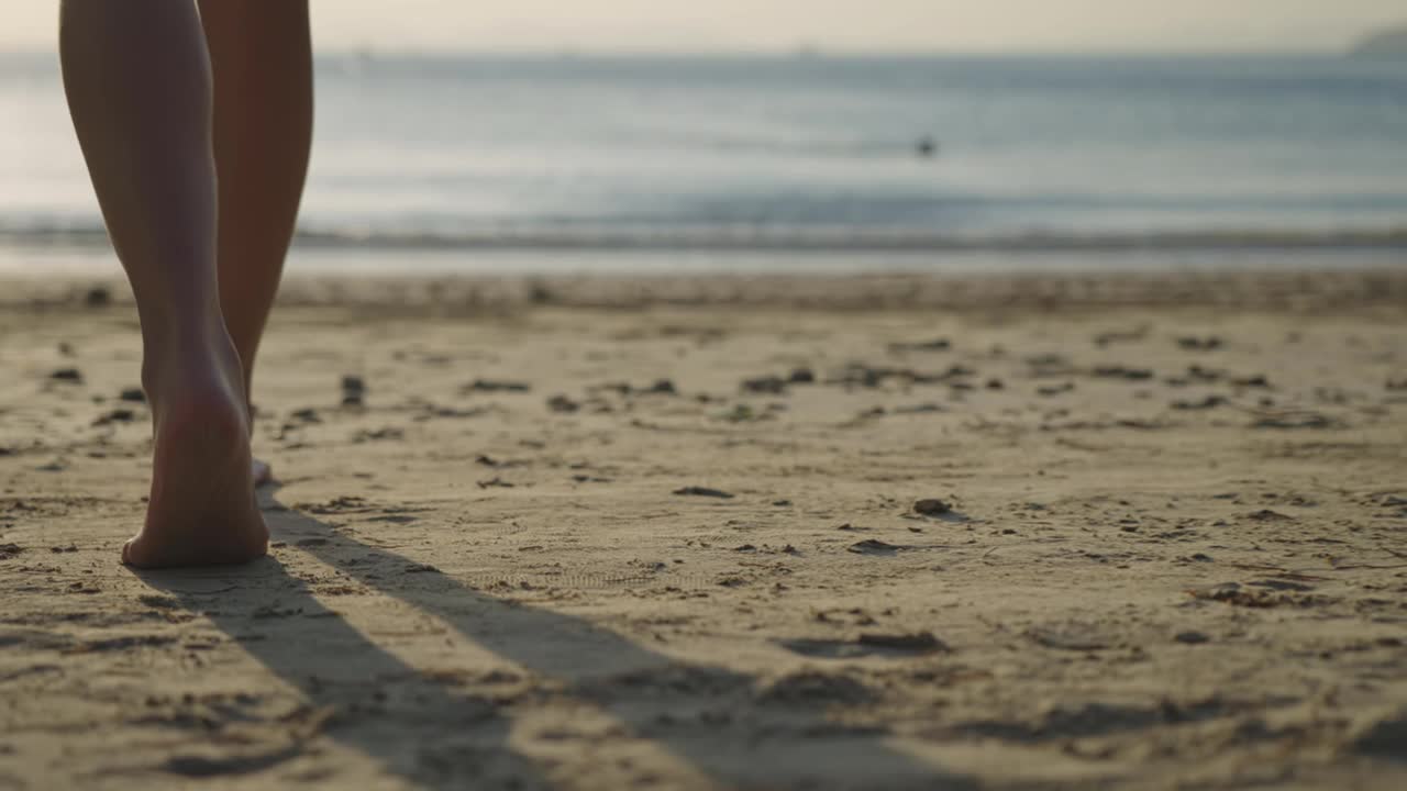 女性的腿和脚朝着沙滩上的海浪而下，在夕阳下，放松地散步，逃离繁忙的城市，岛屿天堂的静修，从后面的慢镜头低角度拍摄视频素材