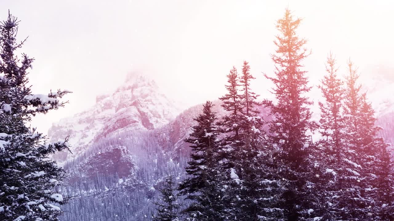 动画的发光斑点的光在下雪和冬天的山景观视频素材