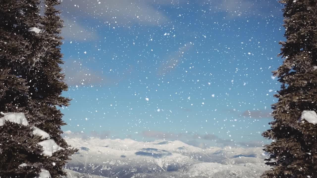 动画节日快乐的文字和雪花飘落的冬季景观视频素材