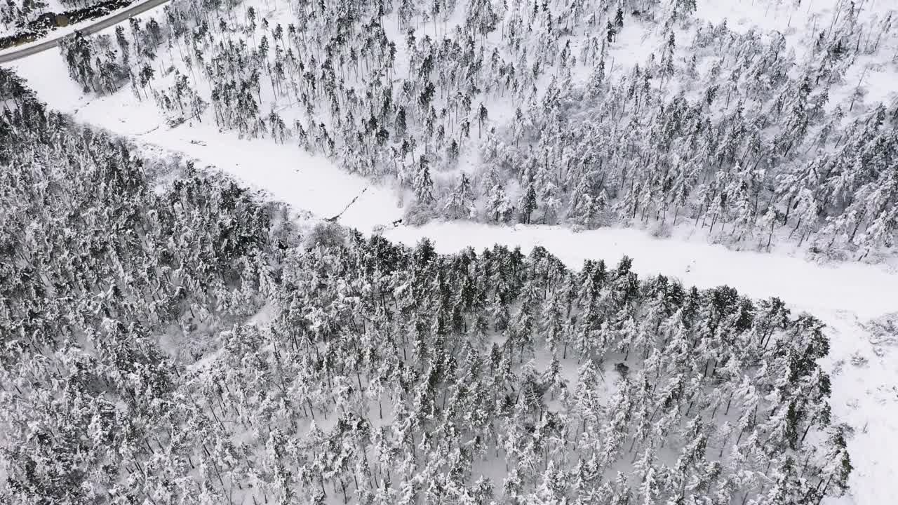 曼扎内达山滑雪站，西班牙。冬季景观空中倾斜视频素材