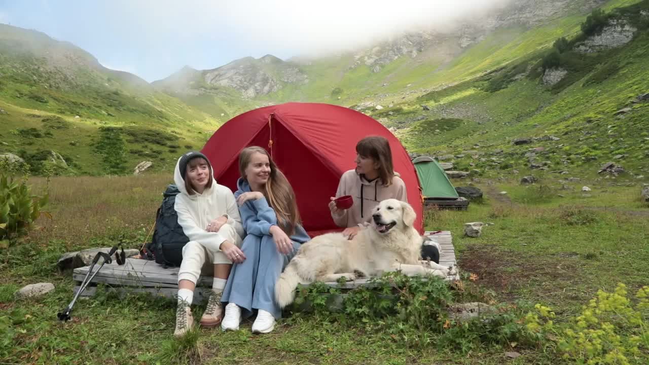 三个年轻的欧洲妇女和一只金毛寻回犬坐在山上一个橙色帐篷附近的营地里视频下载