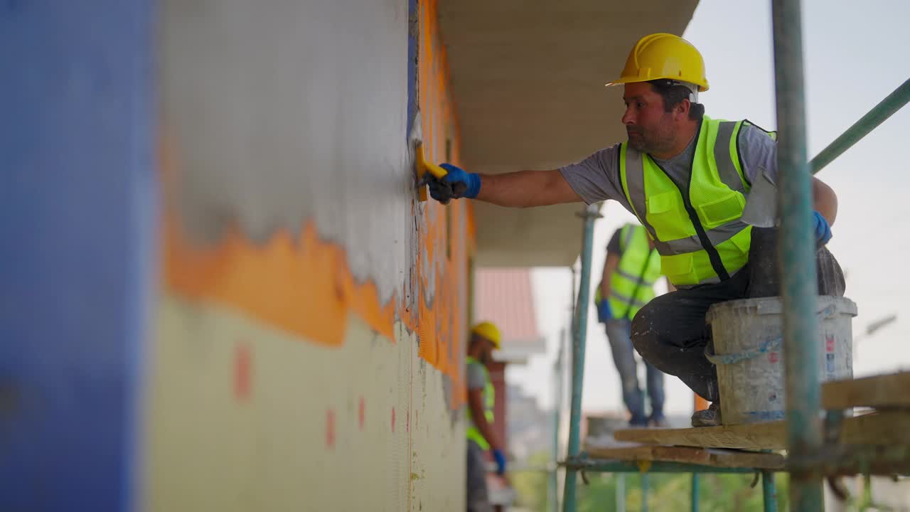 建筑工人在建筑外立面涂石膏视频素材