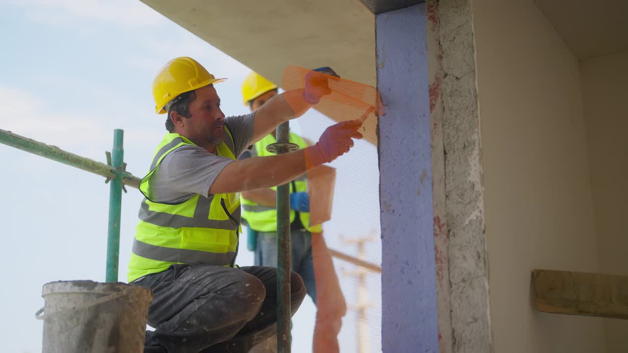 建筑工人在建筑外立面涂石膏视频素材