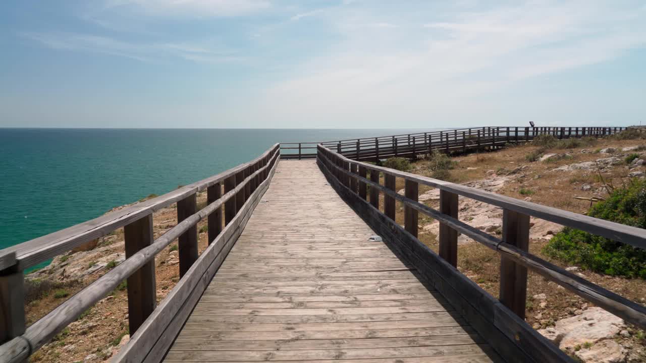 沿着木路散步，你会看到夏天葡萄牙卡沃埃罗海岸的美妙景色。俯瞰蓝色的大海。用稳定器在运动中射击。视频素材