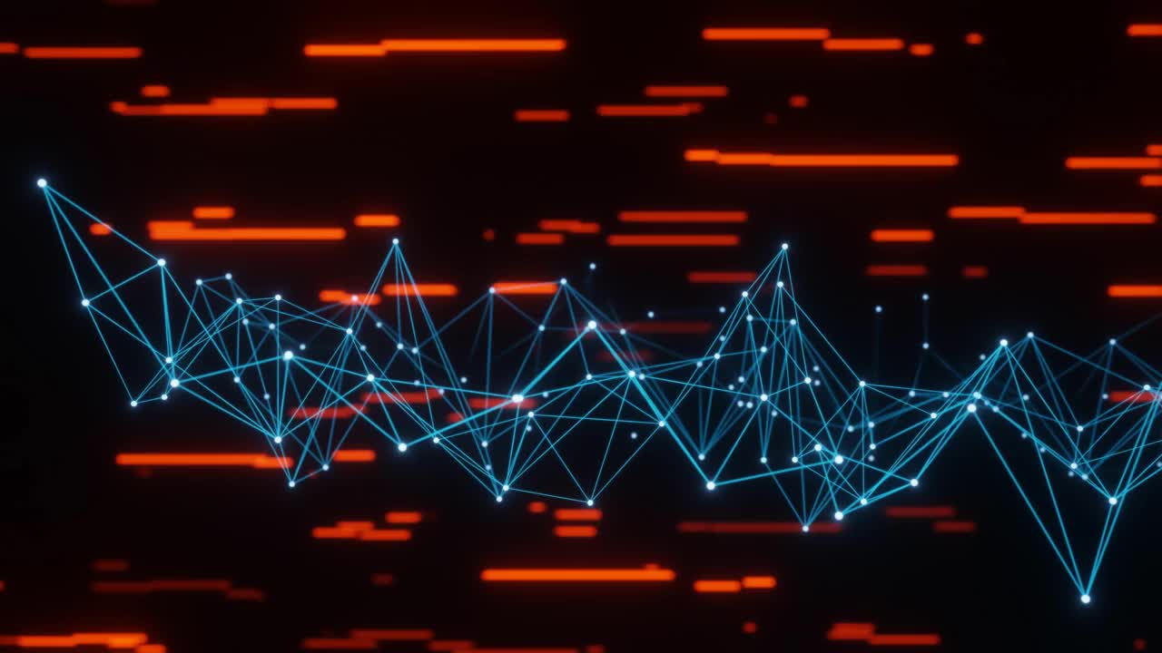 发光的蓝色丛几何形状线和点在红色数字背景三维渲染视频素材