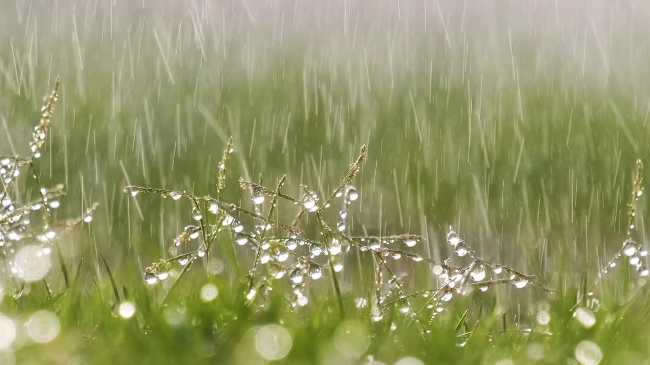 夏天，雨滴落在绿草上的特写。视频素材