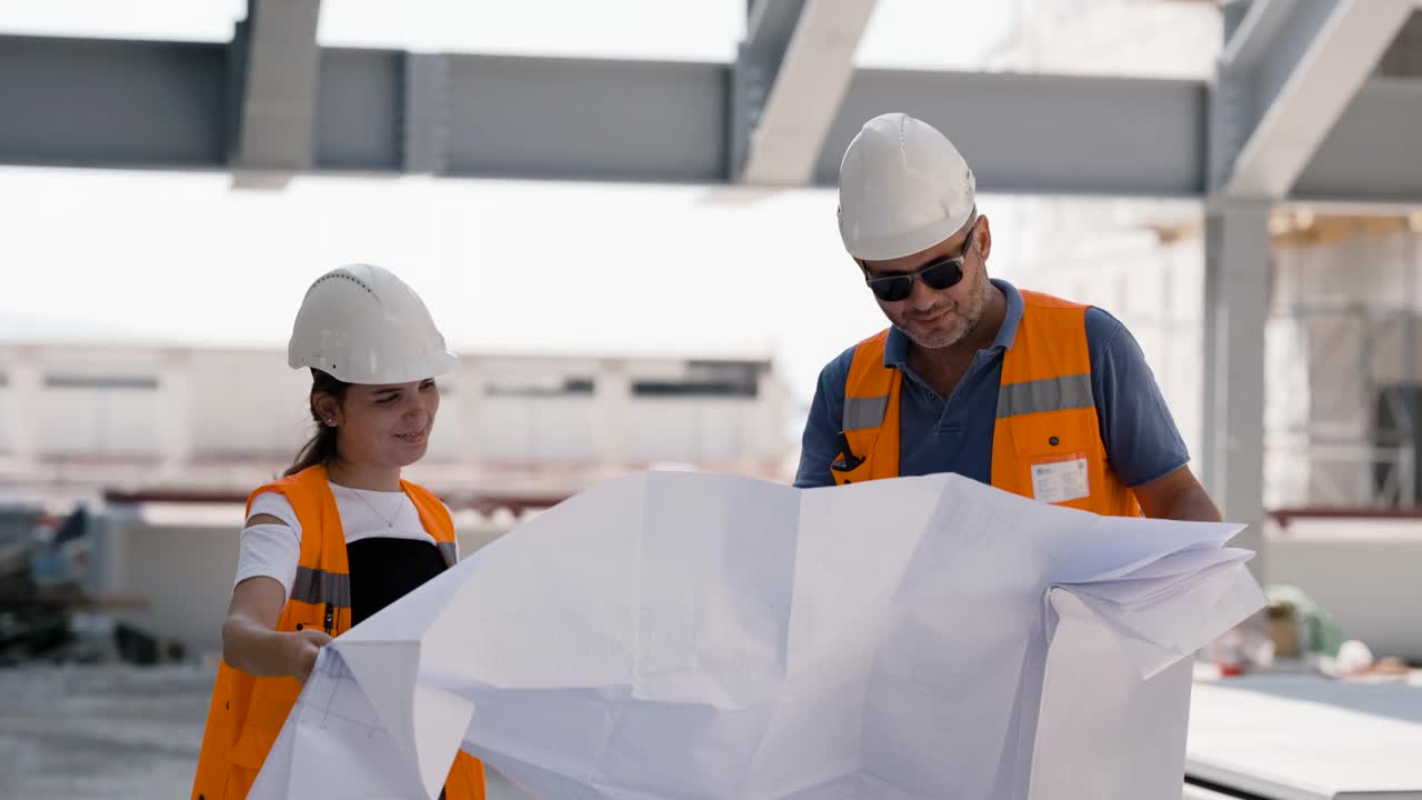 土木工程师和建筑师在施工现场根据蓝图图纸检查工程视频素材