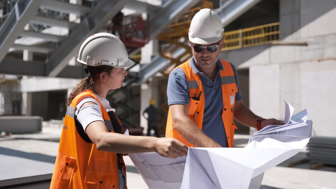 土木工程师和建筑师在施工现场根据蓝图图纸检查工程视频素材