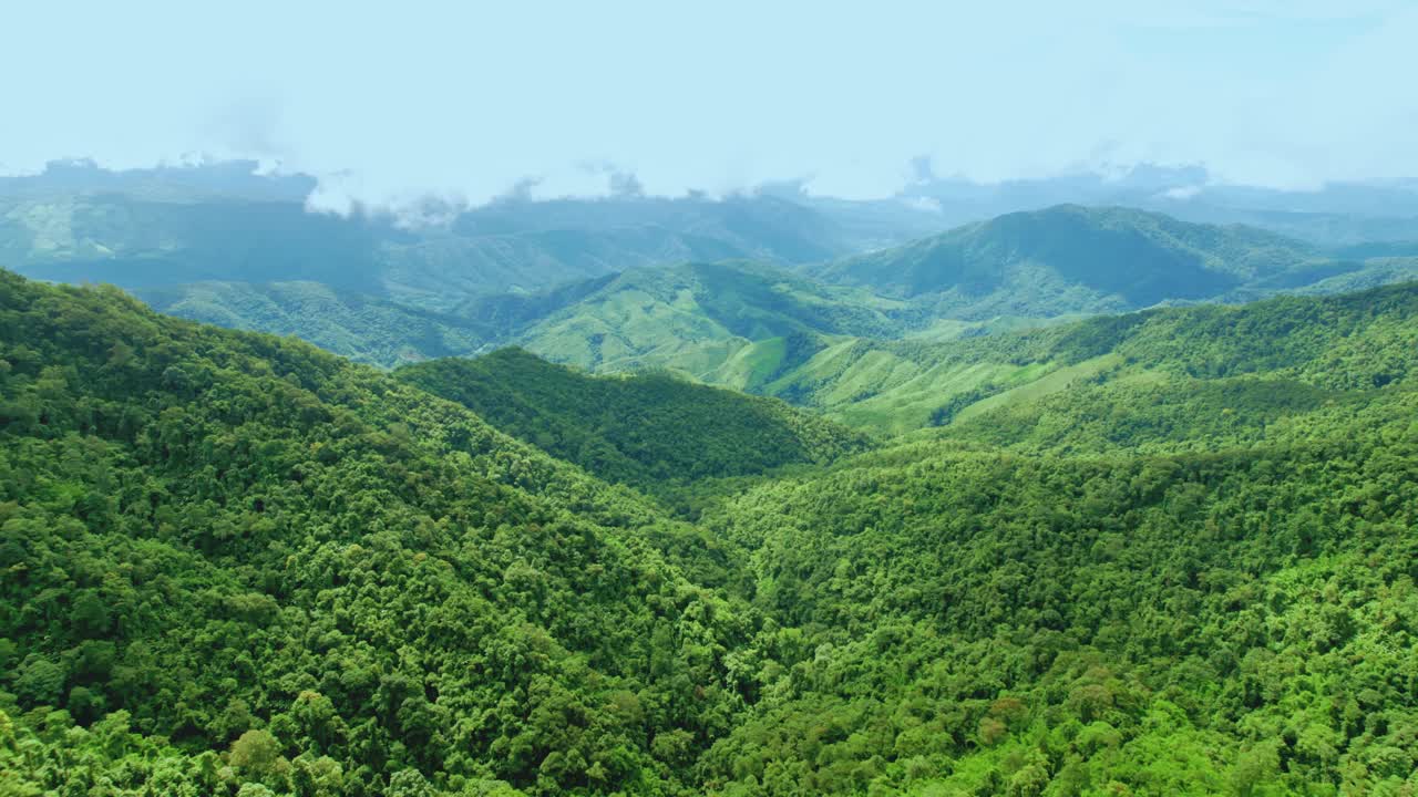 鸟瞰无人机拍摄的流动的雾波在山区热带雨林在晚上，鸟瞰图像在云上惊人的自然背景与云和山峰。视频素材