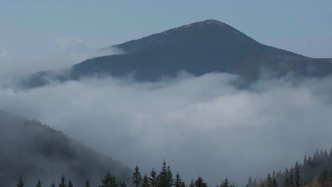 清晨拍摄的喀尔巴阡山脉的宁静景色。大雾笼罩着乌克兰西部的喀尔巴阡山脉视频素材