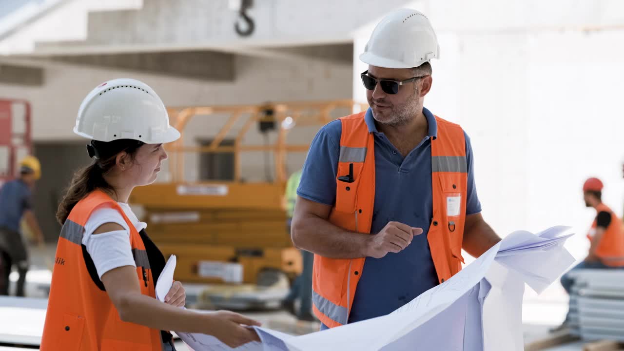 土木工程师和建筑师在施工现场根据蓝图图纸检查工程视频素材