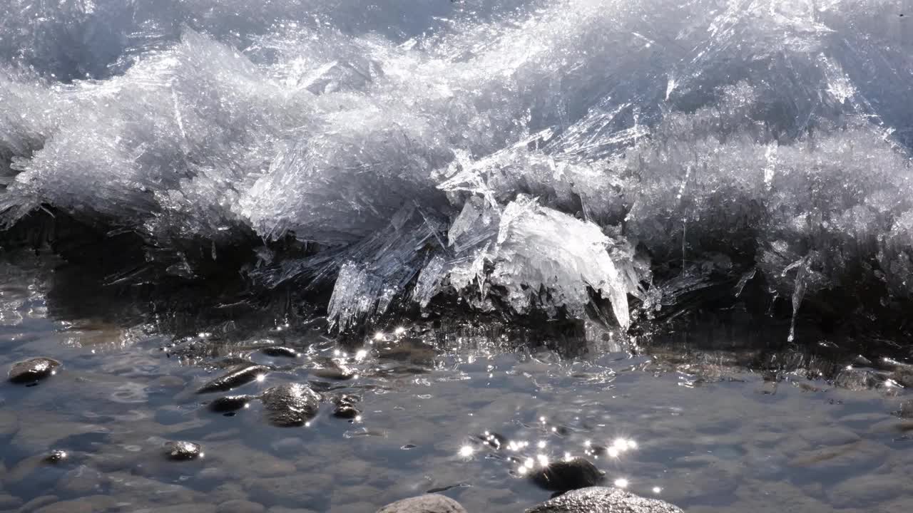 河上结了冰，小溪结冰了。寒冷的季节。山涧的石头。春天雪融化。冰开始破，自然沉默视频素材