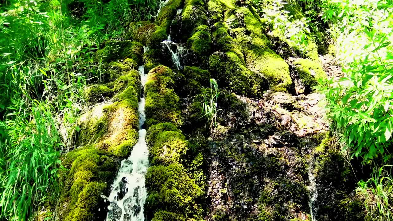 山溪的水流顺着岩石流下来。视频素材