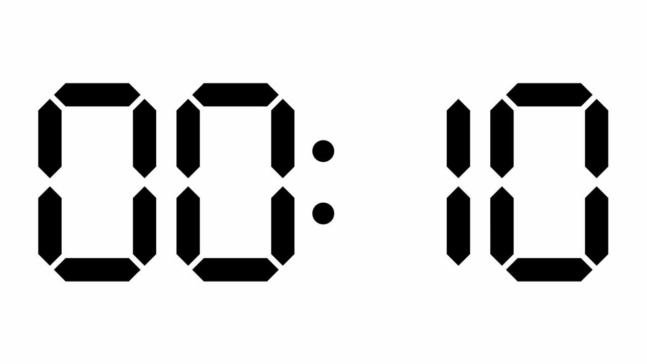 时钟倒计时10秒反方向，数字电子段显示，黑上白视频素材