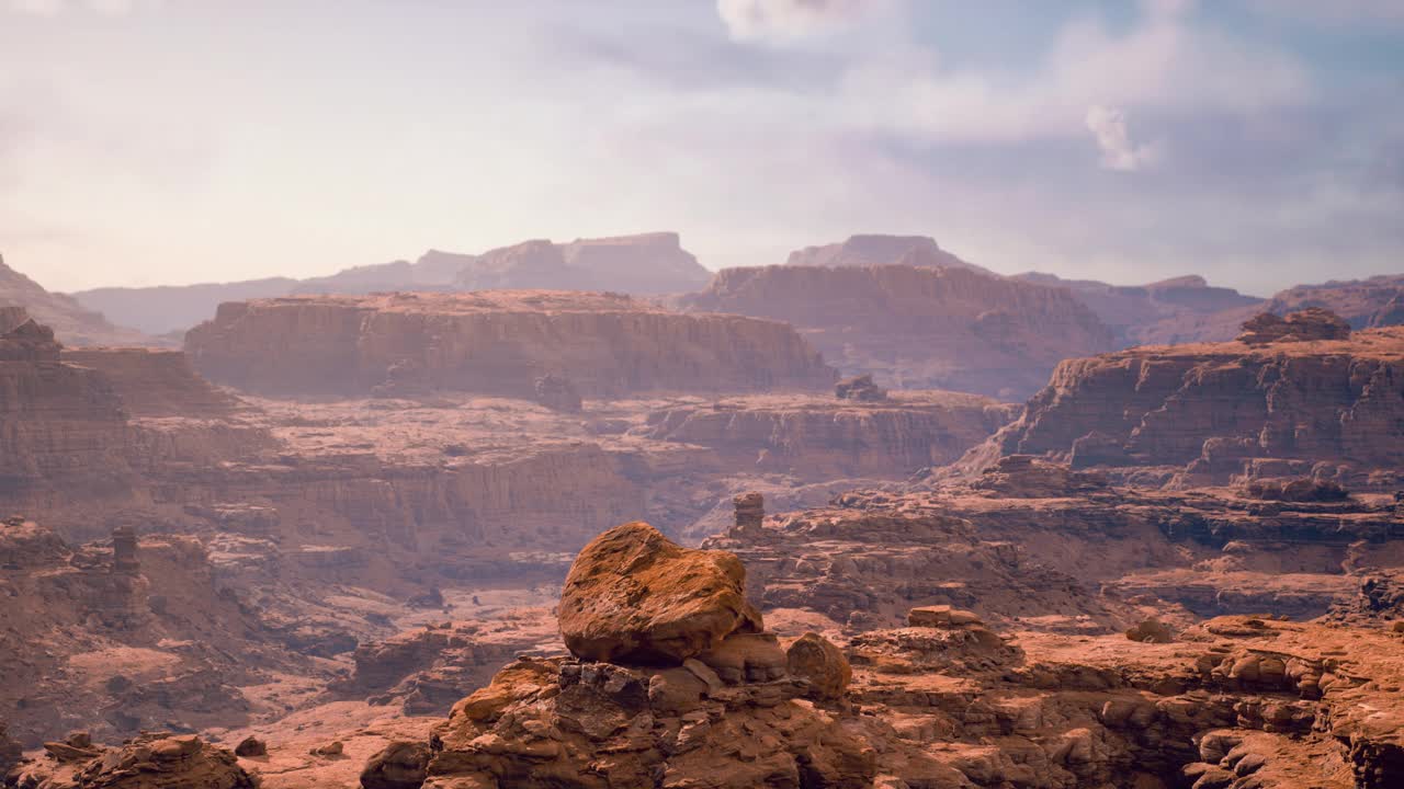 日出时美丽峡谷的如画全景。三维逼真的可视化美丽的山脉和岩石。视频下载