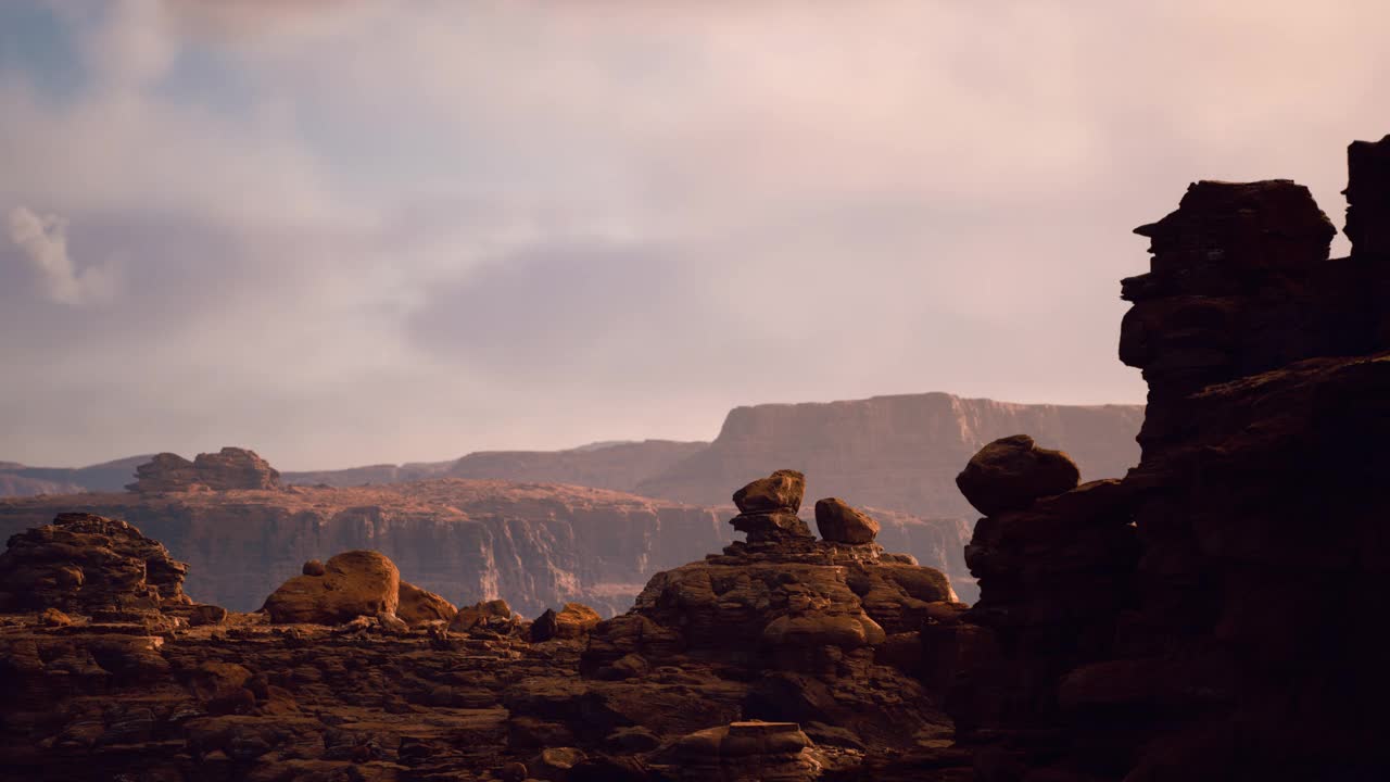 日出时美丽峡谷的如画全景。三维逼真的可视化美丽的山脉和岩石。视频素材