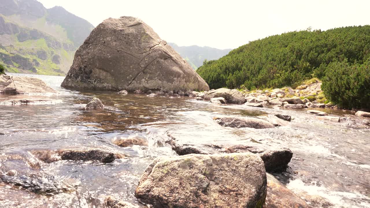 池塘里清澈的水像罗兹托卡小溪或河流一样流动，位于波兰扎科帕内的山谷视频素材