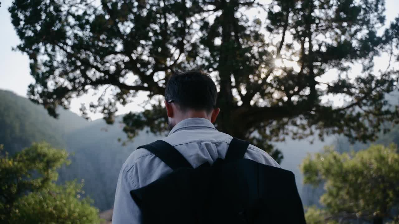 旅行者沿着山走到悬崖边。从后面看。视频素材