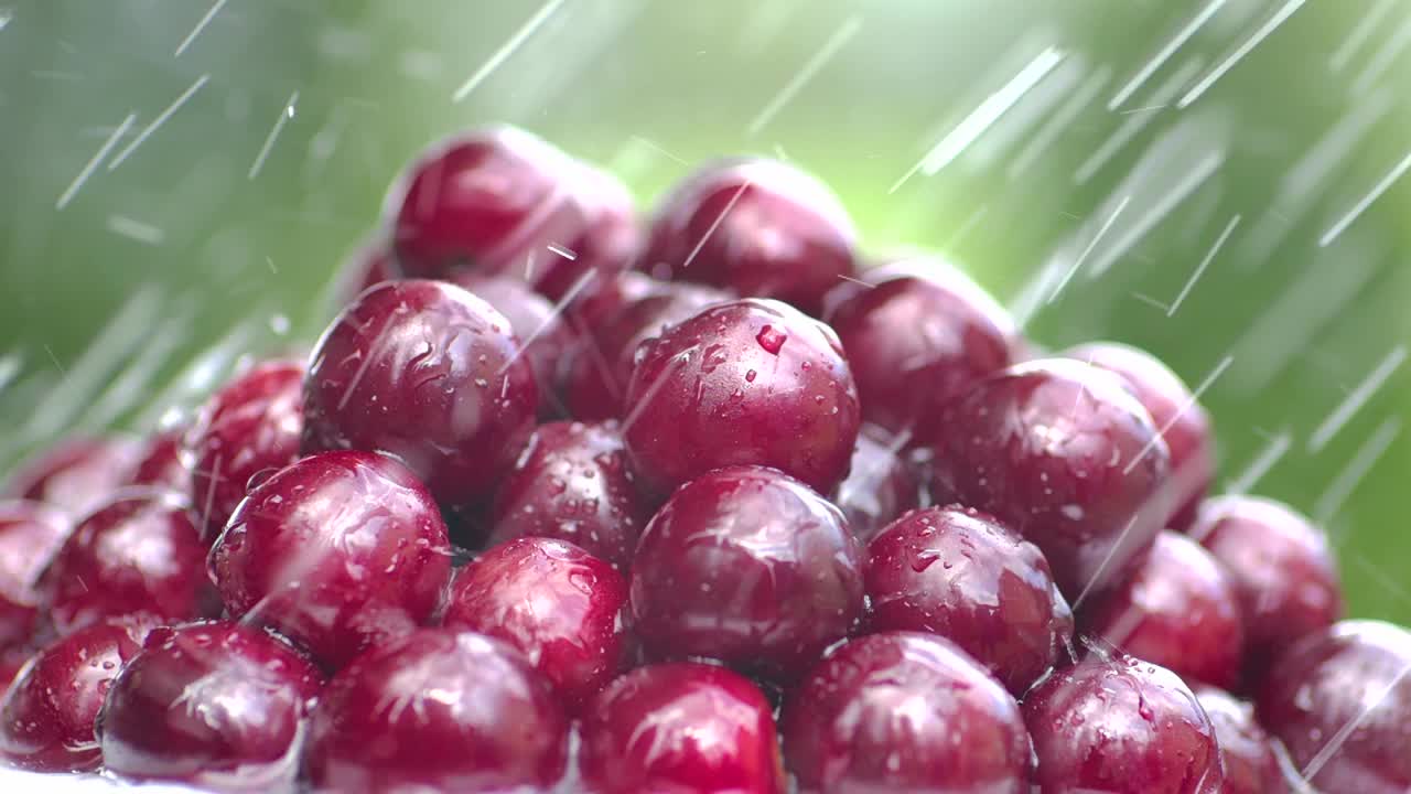 新鲜成熟湿浆果甜樱桃户外花园特写。水滴落有机红樱桃在绿色自然背景。在大自然中收获有机甜浆果。健康饮食。视频素材