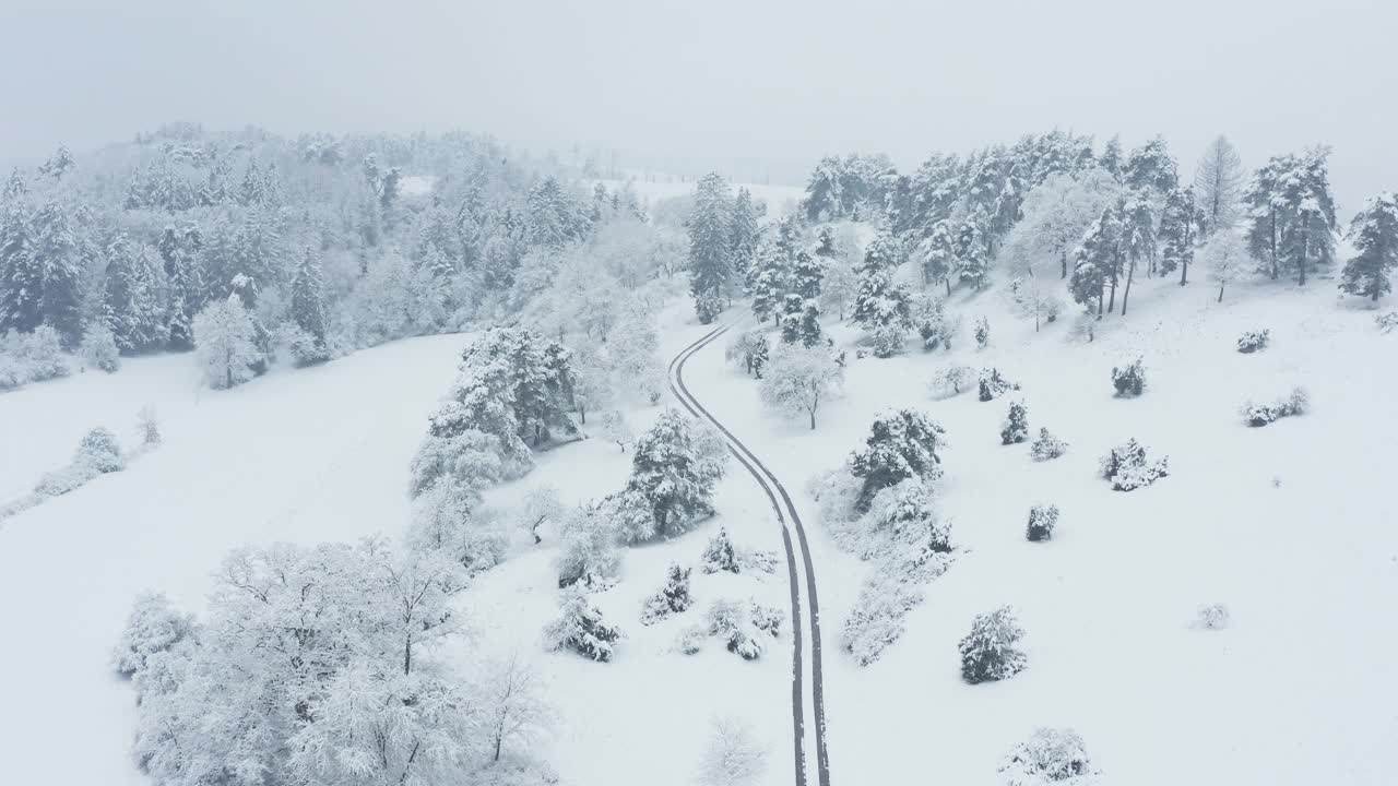 鸟瞰图的雪覆盖的冬季景观与小道路，树木和草地。法国，巴伐利亚，德国，欧洲。视频素材