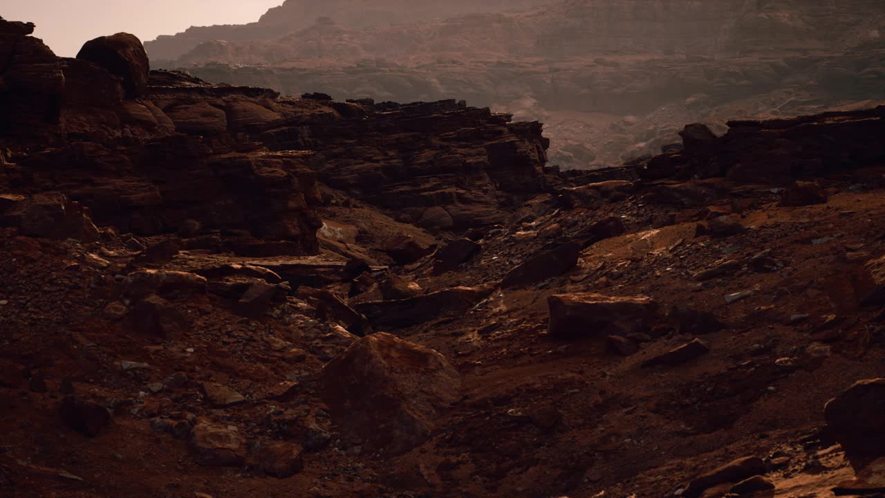 日出时美丽峡谷的如画全景。三维逼真的可视化美丽的山脉和岩石。视频素材