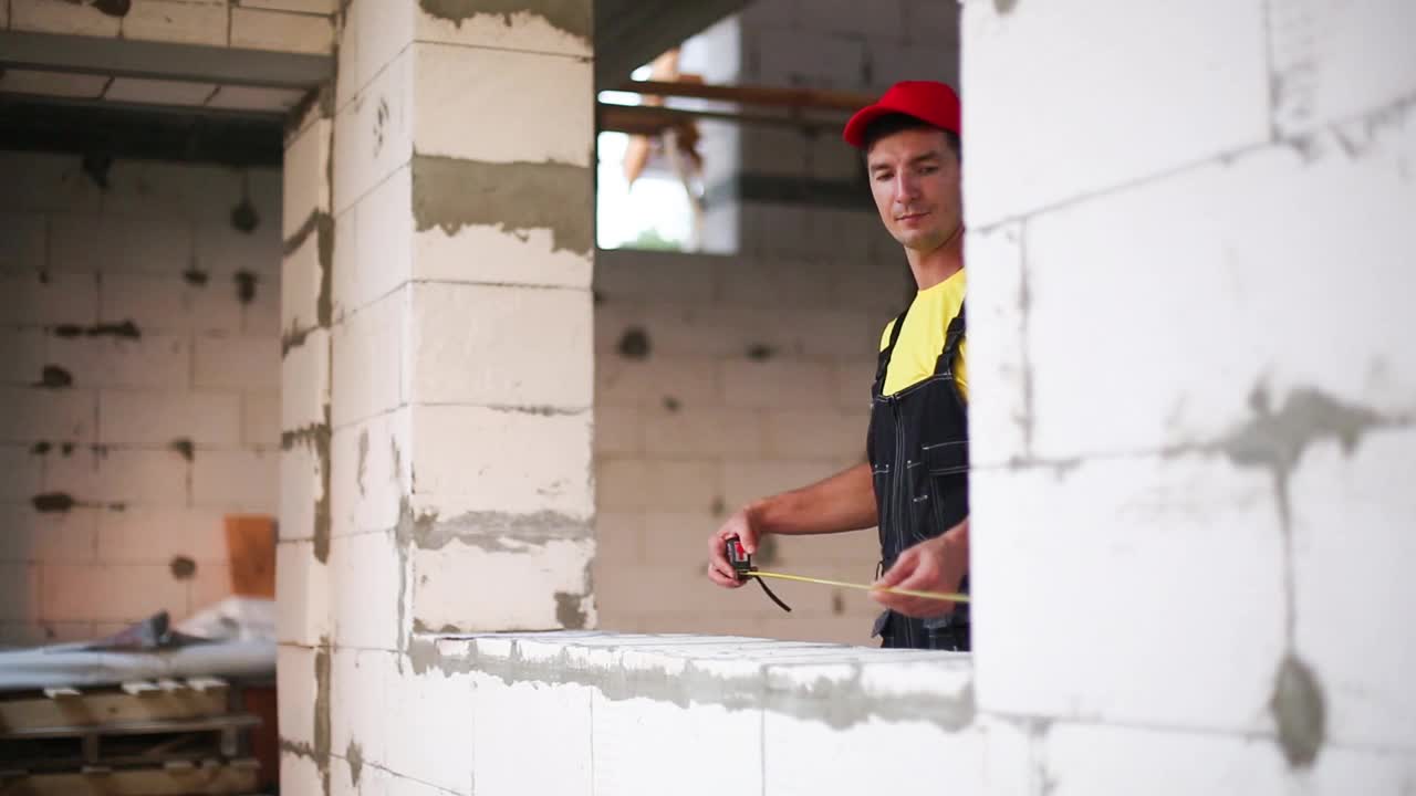 建筑工人们正在用卷尺测量窗洞和砖墙的长度。小屋由多孔混凝土砌块、工作服连身裤和棒球帽组成视频素材