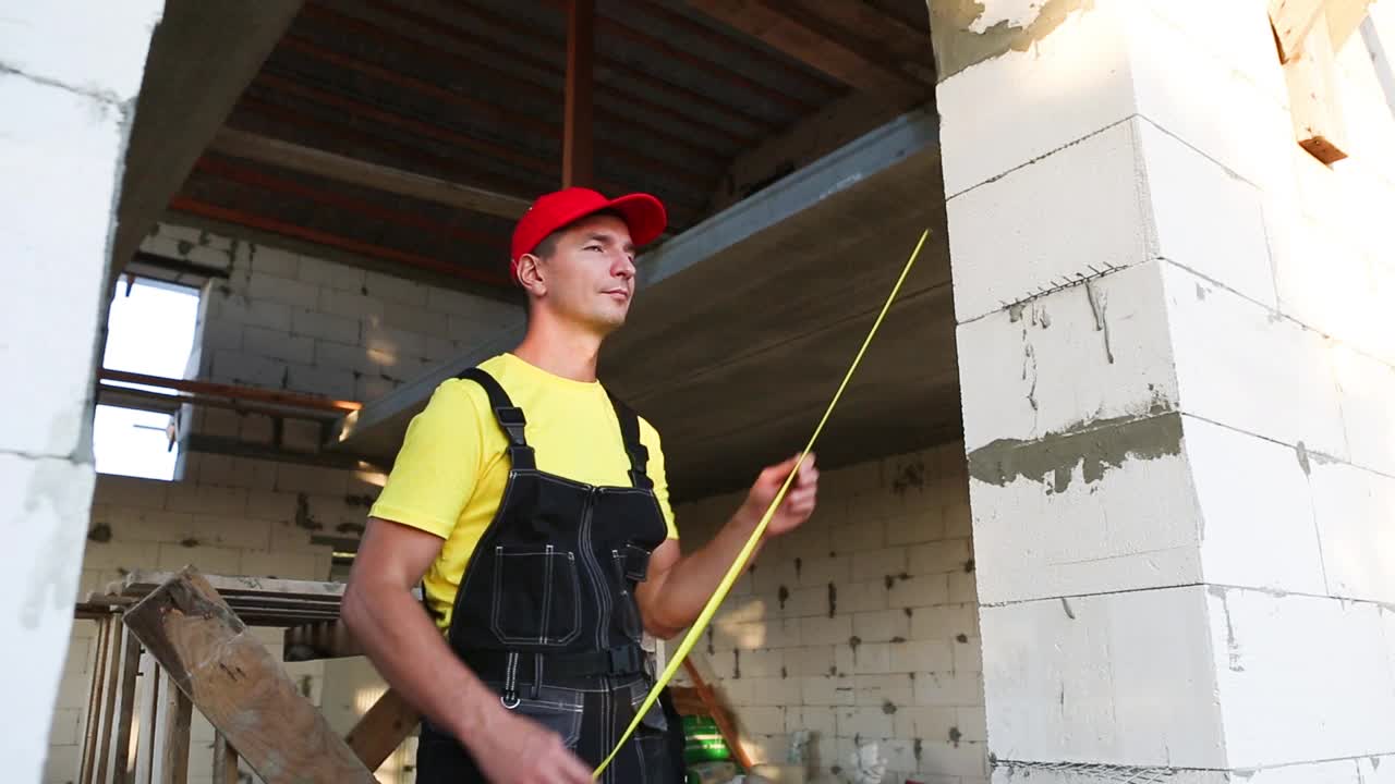 建筑工人们正在用卷尺测量窗洞和砖墙的长度。小屋由多孔混凝土砌块、工作服连身裤和棒球帽组成视频素材