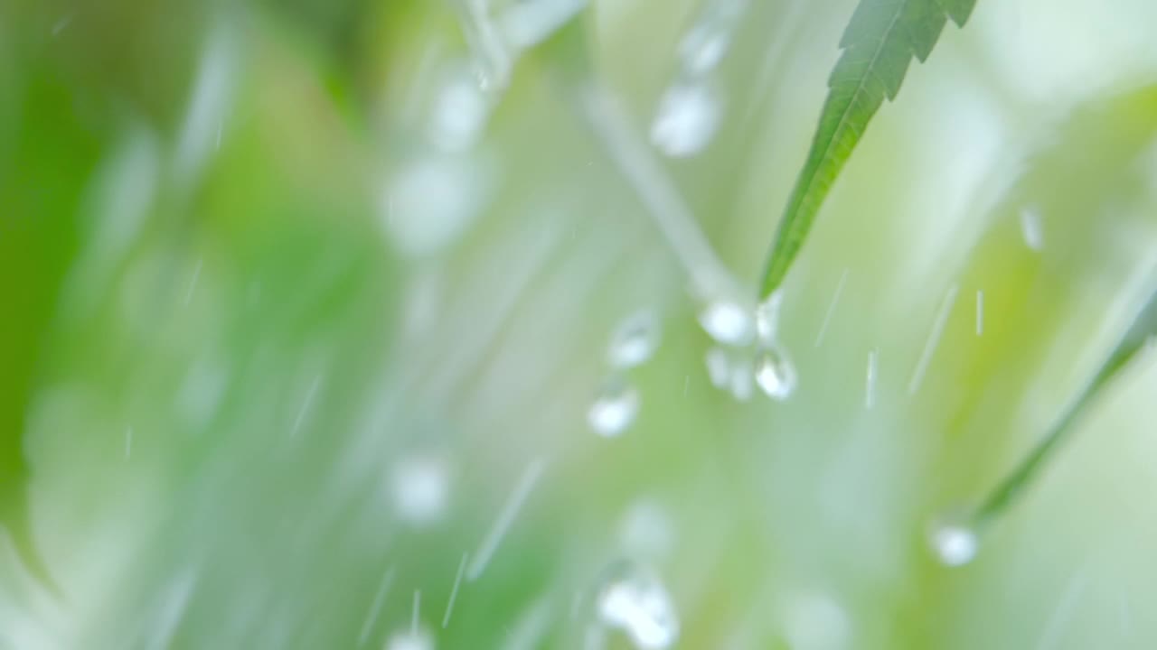 慢动作雨滴滴从绿叶蕨在下雨。特写水滴绿色叶子前景。微雨落在绿色植物叶子上。平静放松冥想和平的背景。视频素材