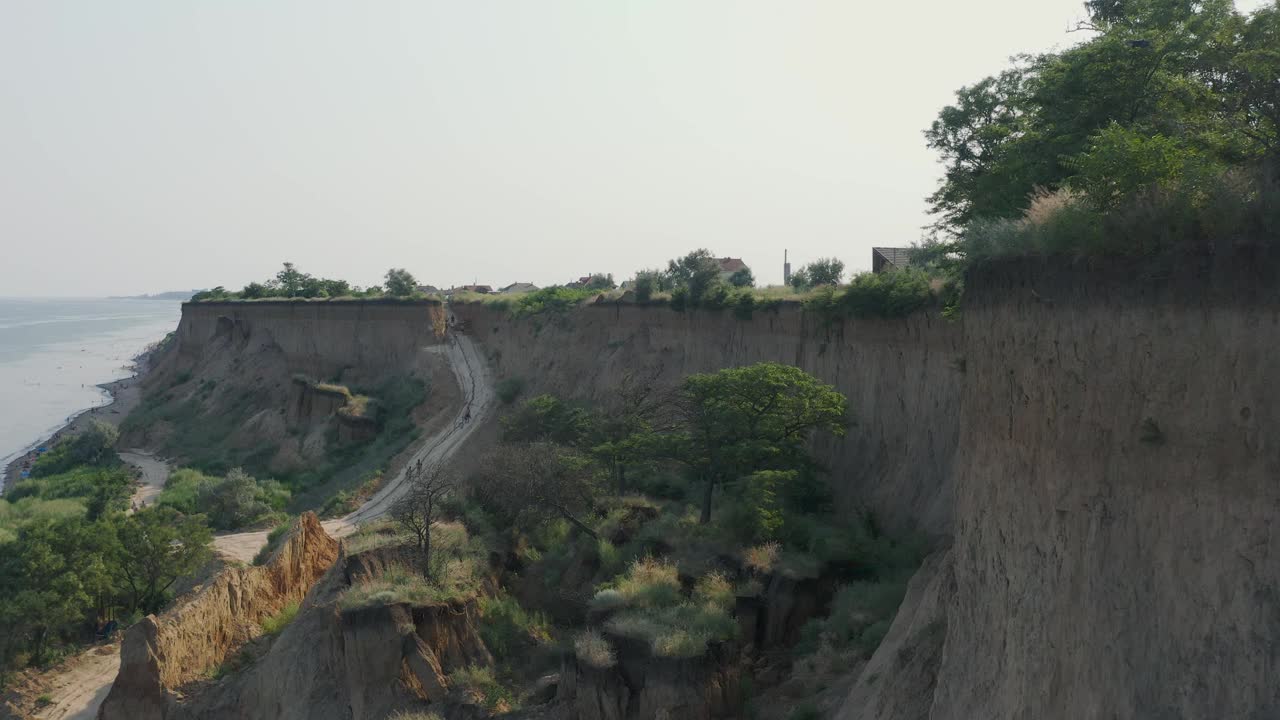 从鸟瞰Sanzheyka村附近陡峭的黑海海岸。视频素材