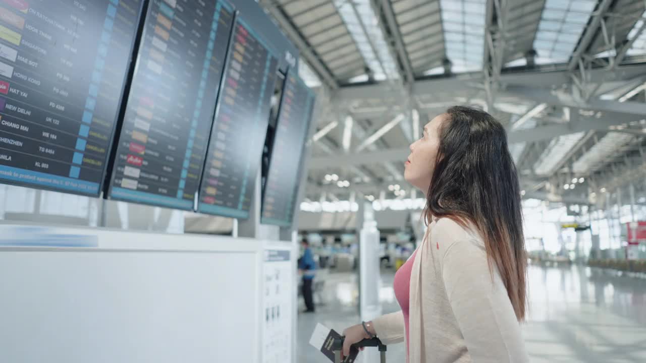 一名亚洲女性旅客在机场，看着她旅行的航班带着行李，在显示器屏幕上看到航班号去新旅行，旅行度假，侧视视频素材