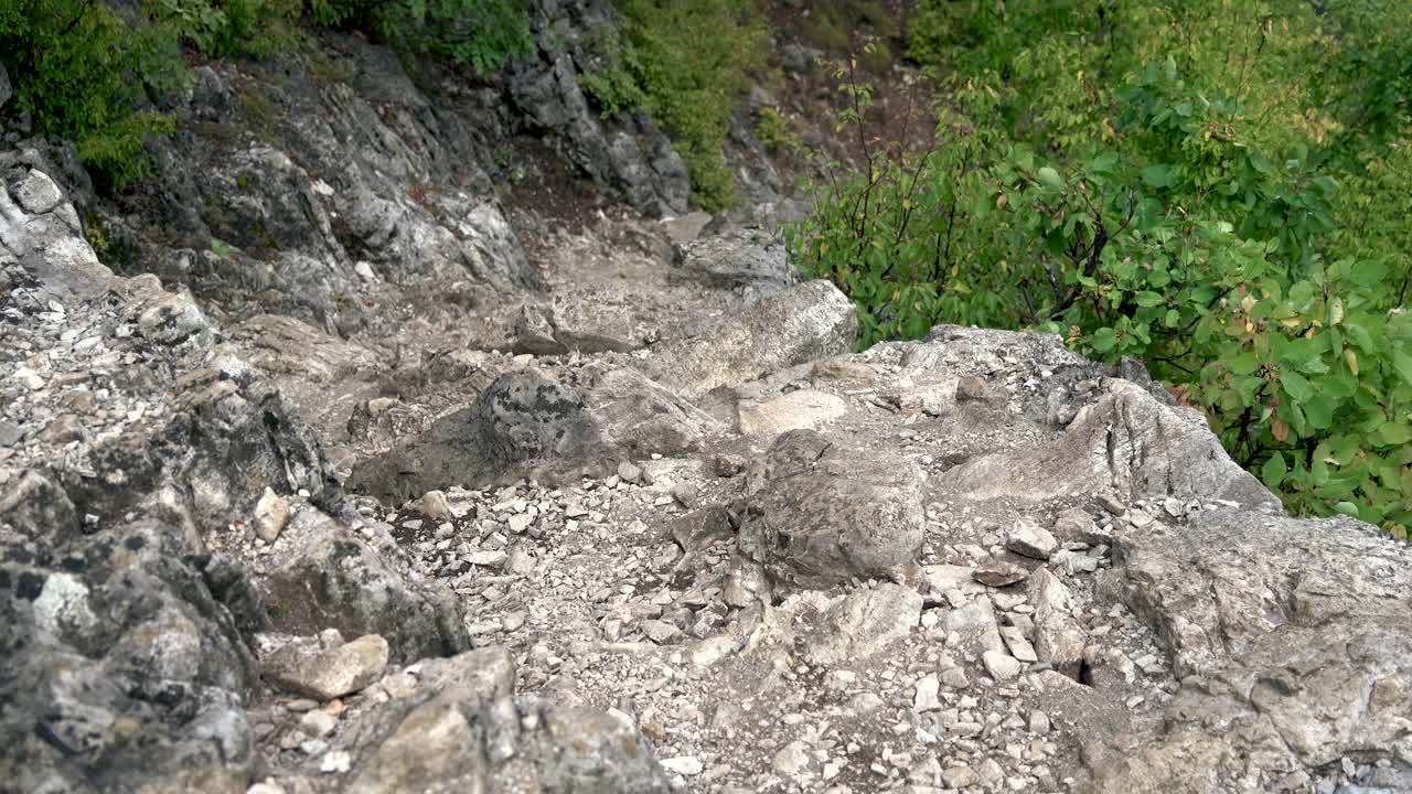 背着双肩包、拄着登山杖的徒步旅行者在落基山脉中行走。视频素材