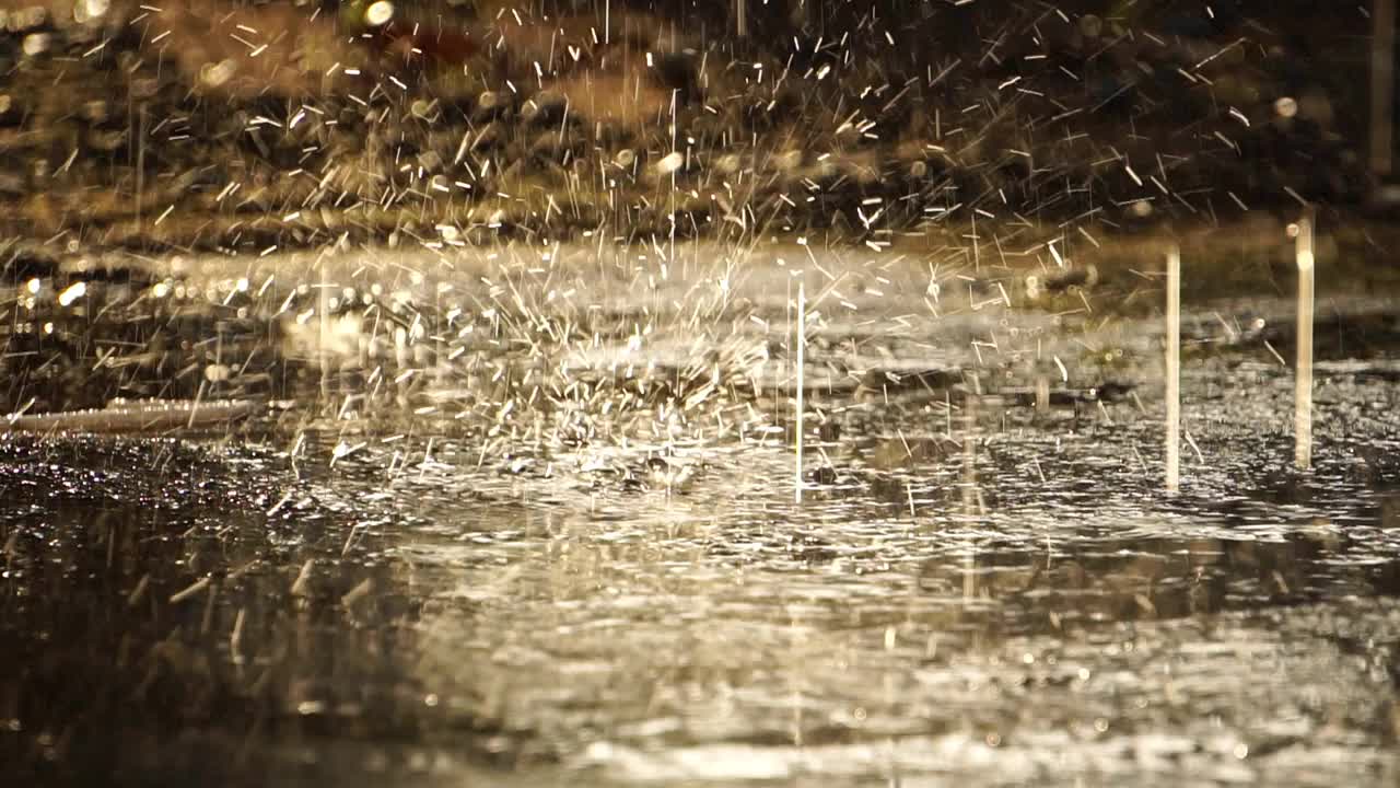 日落时雨水落在人行道上视频素材