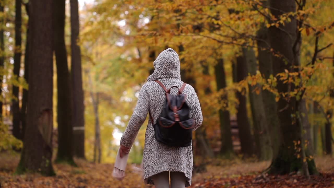 女人喜欢在秋天的森林里徒步旅行视频素材