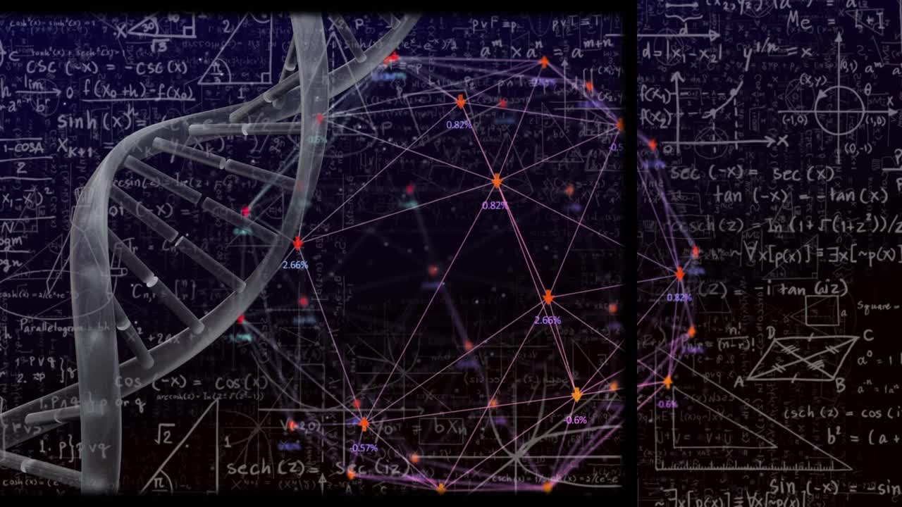 动画的dna链上的数学公式和网络连接的黑色背景视频素材