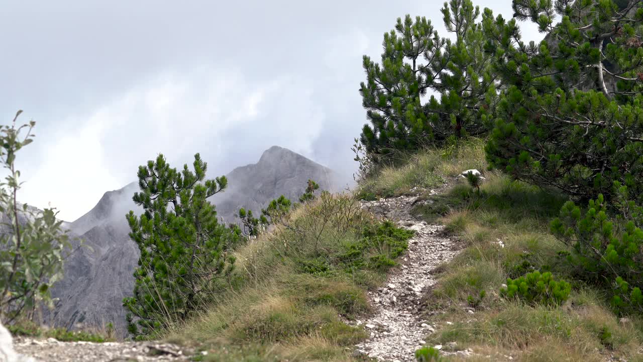 徒步旅行者正沿着一条岩石斜坡上的小路上山。视频下载