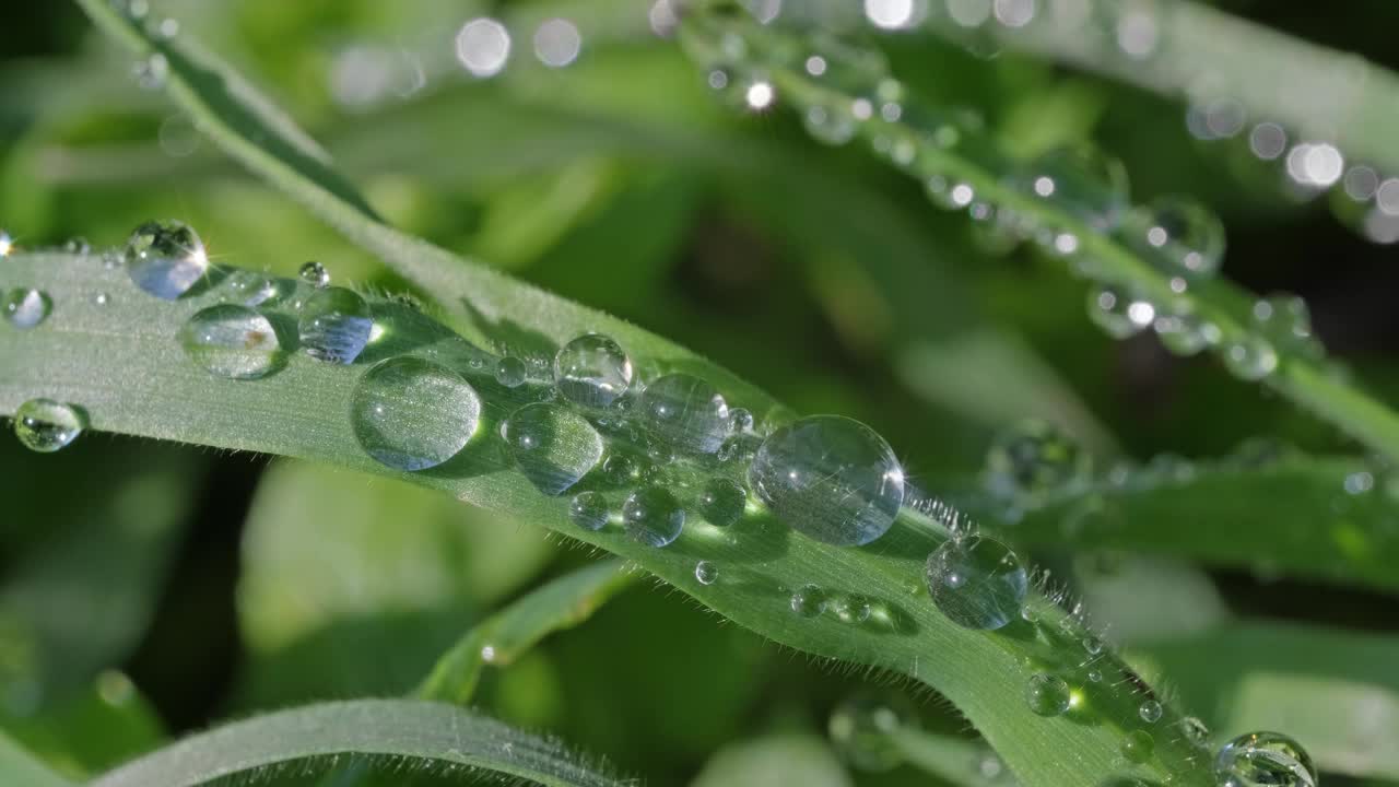 水珠落在绿色的草叶上视频素材