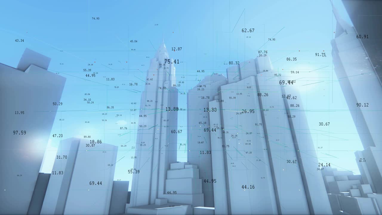 4k，金融科技数字数据，3d城市建筑和摩天大楼背景。视频下载