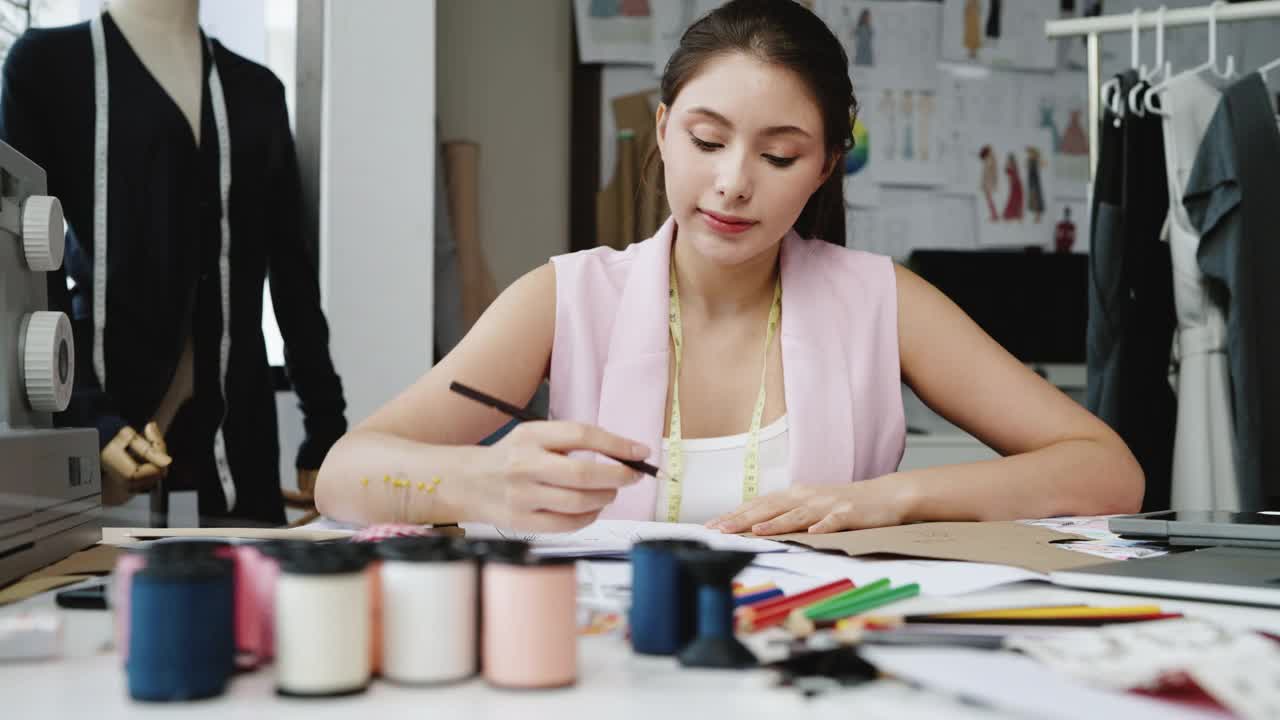 美丽的女时装设计师工作服装项目在小办公室在家里。视频素材