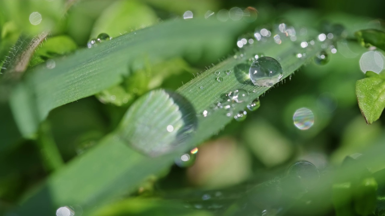 水珠落在绿色的草叶上视频素材