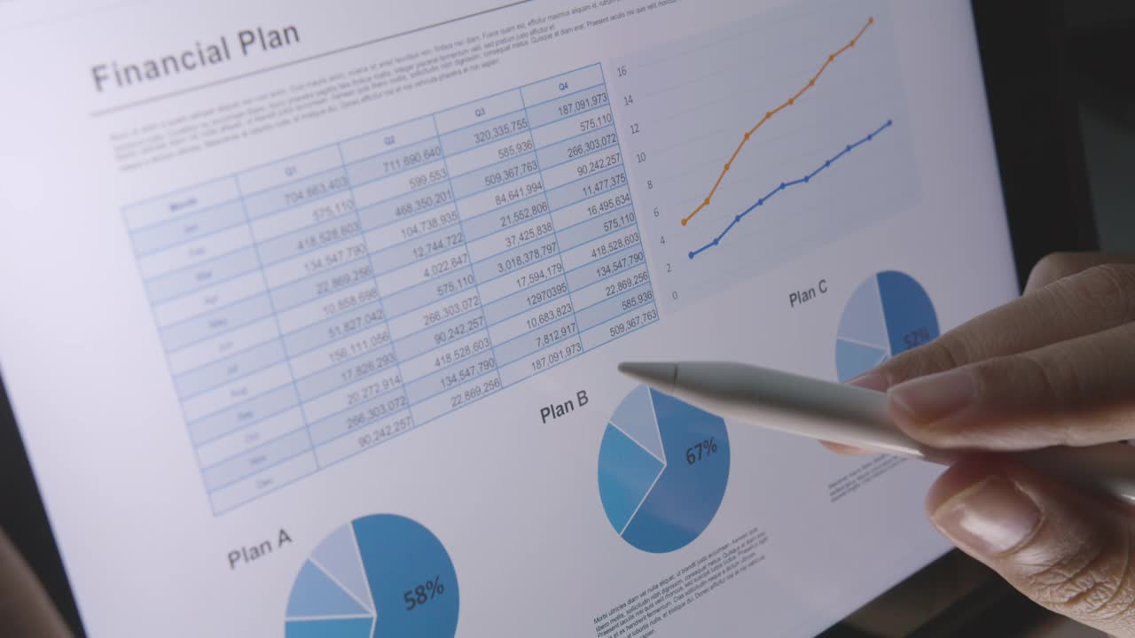 金融财富投资者正在研究数字ipad上的商业数据。视频素材