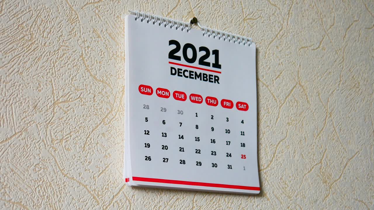 一个男人的手撕下了挂在墙上的2021年日历12月页，紧接着撕下了2022年新日历的扉页视频素材