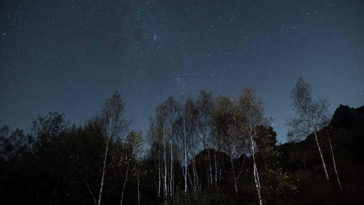 从秋天色彩斑斓的Mizugakiyama自然公园，到冬天的Mizugaki山和星空时光流逝视频素材