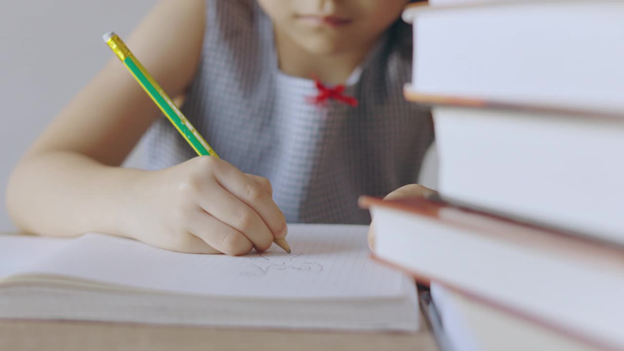 以一叠书为前景，严肃地在桌上纸书上写字的女孩的手的正面和特写。它体现了教育发展的专注学习的理念。视频素材