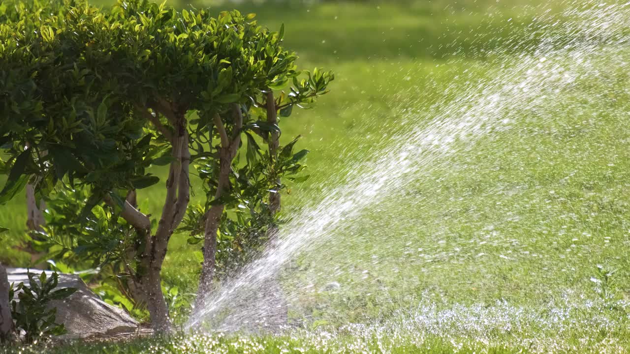 夏季花园用塑料喷灌机用水浇灌草坪。在旱季浇灌绿色植物，保持其新鲜。视频素材