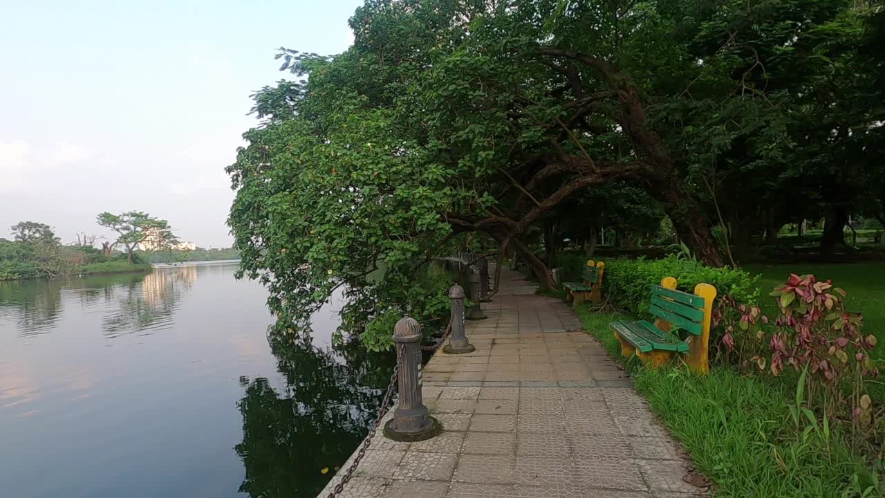 日落时分，在湖边散步公园的树下，在砖砌的小路上放松地散步。印度西孟加拉邦加尔各答，达卡库里亚，拉宾德拉·萨罗瓦尔湖视频素材