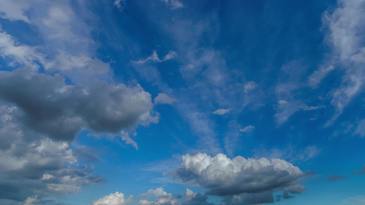 4K时间流逝美丽的空气戏剧性的宏伟惊人的蓝天天气自然蓬松的白云在傍晚日落的背景视频素材