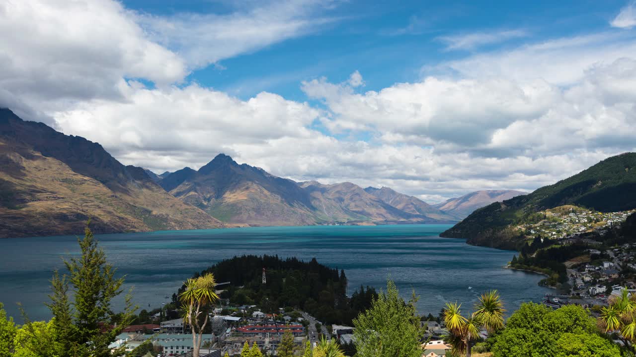 时间流逝的瓦卡蒂普湖皇后镇旅游胜地南阿尔卑斯山视频素材