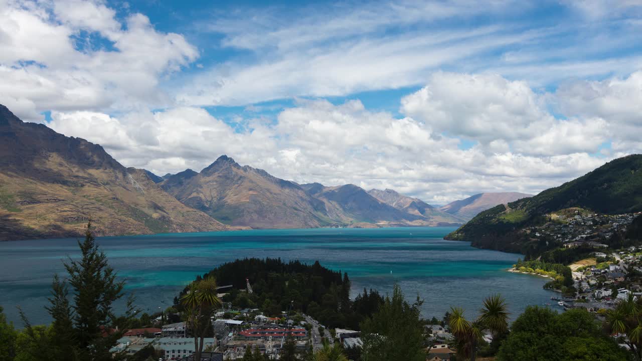 时间流逝的瓦卡蒂普湖皇后镇旅游胜地南阿尔卑斯山视频素材